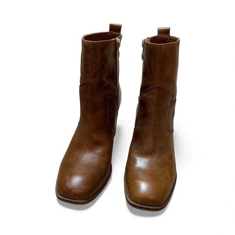 Sbicca Ankle Boots Womens 8.5 Brown Leather Square Toe Block Heel‎ Side Zip